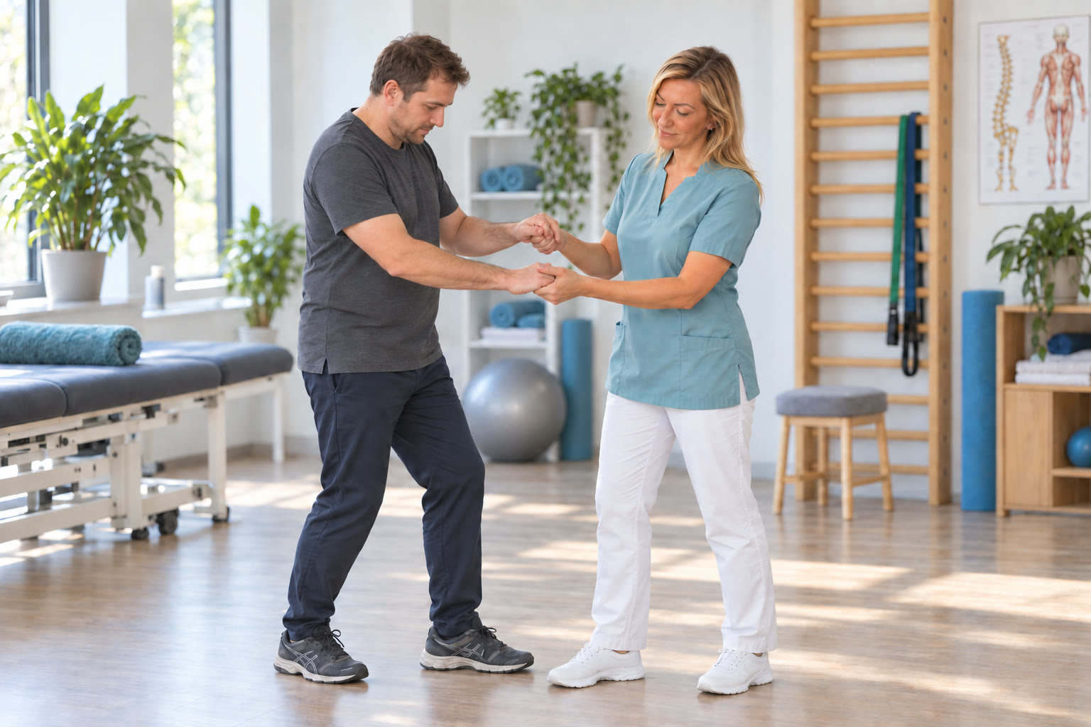 Physiotherapeutische Begleitung bei einer Gleichgewichtsübung